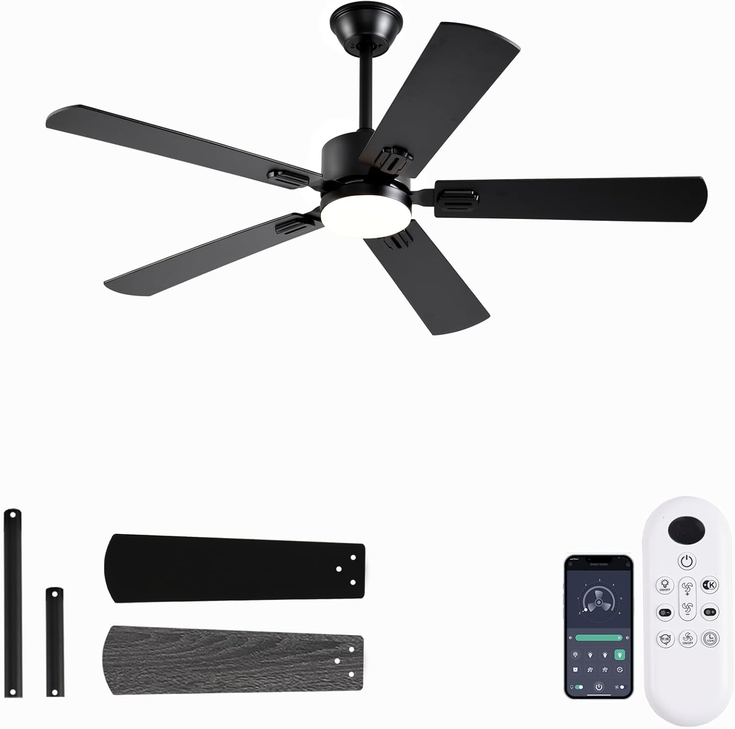 56 inch Black Ceiling Fans with Lights and Remote/App Control, DC Reversible Motor, Noiseless, Dimmable, 6 Speeds Low Profile Modern Ceiling Fan for Livingroom, Indoor/Outdoor Use
